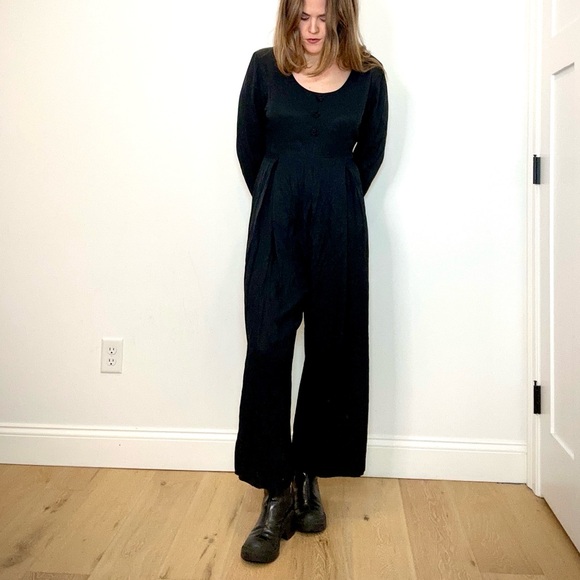 Express Pants - Vintage 90s Express Black Long Sleeve Palazzo Jumpsuit with Back-tie